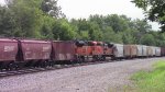 BNSF units sandwiched by cars